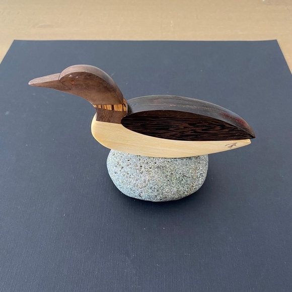 Cute Wooden Duck Sitting On A Stone Figurine - Picture 2 of 5